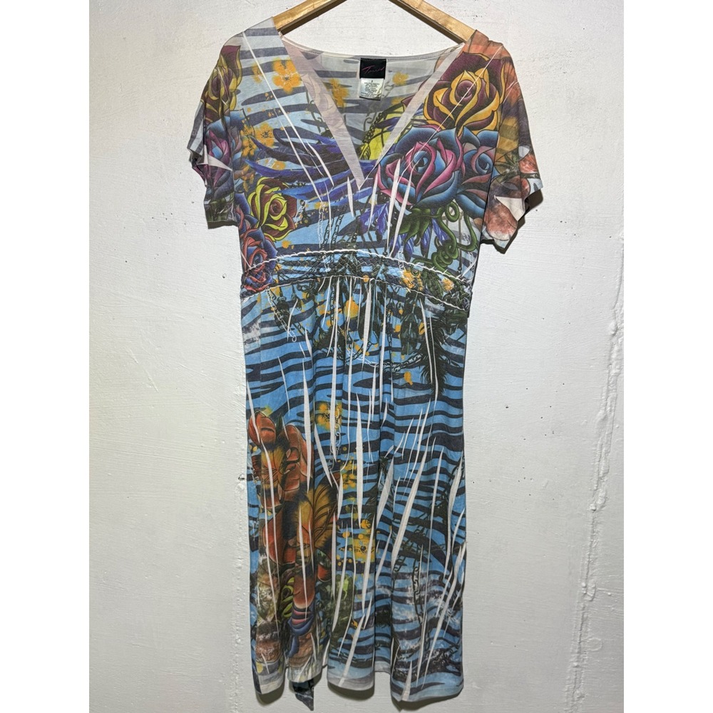 Torrid Womens 2 2X Tattoo Floral Empire Waist Midi Dress Blue Rayon Blend Roses